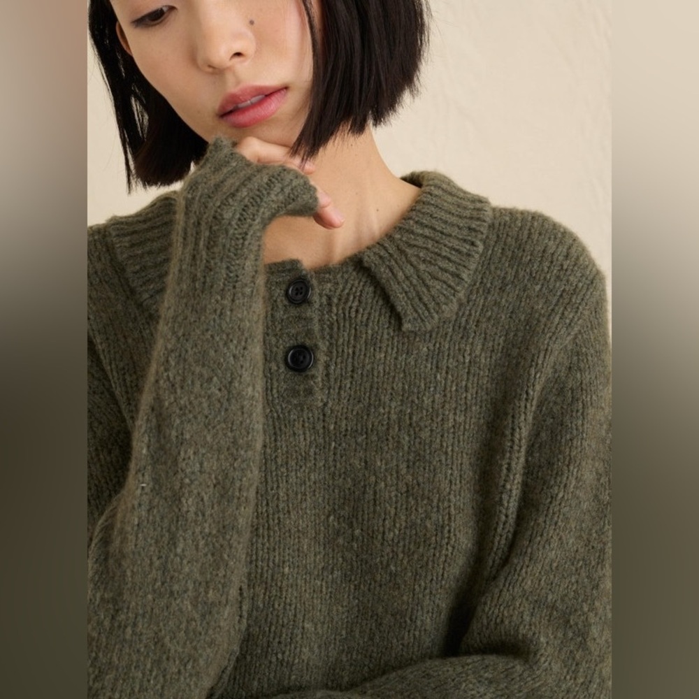 Alex Mill Olive Green Ribbed Collar Button Pullover Sweater